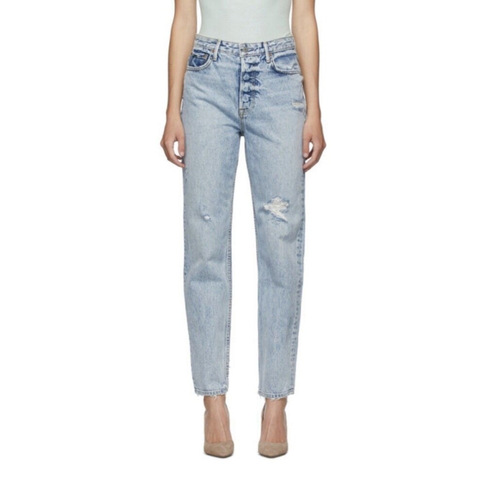 GRLFRND Devin High Rise Slim Fit Distressed Blue Denim Ankle Jeans Size 24